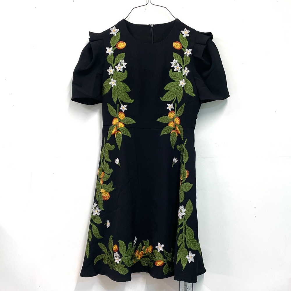 BURRYCO Black Puff Sleeve Mini Dress with Embroidered Fruit and Flowers